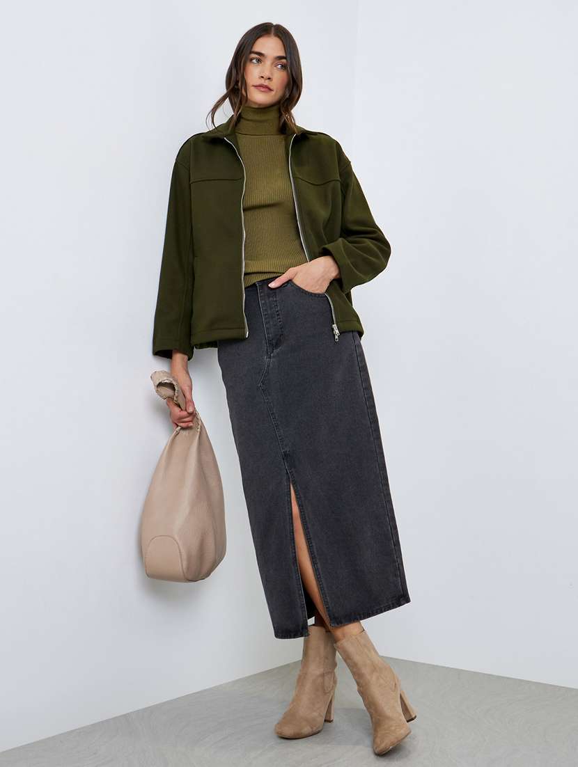 women solid collared long sleeve oversized jacket - 22220022 -  Standard Image - 4