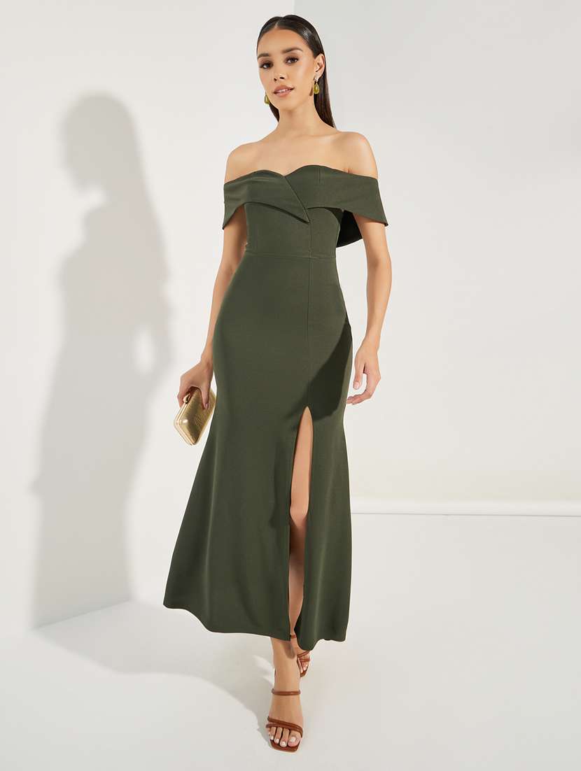 women solid off shoulder a-line dress