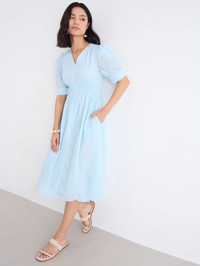 women solid puff sleeve schiffli a-line dress - 22220025 -  Standard Image - 1