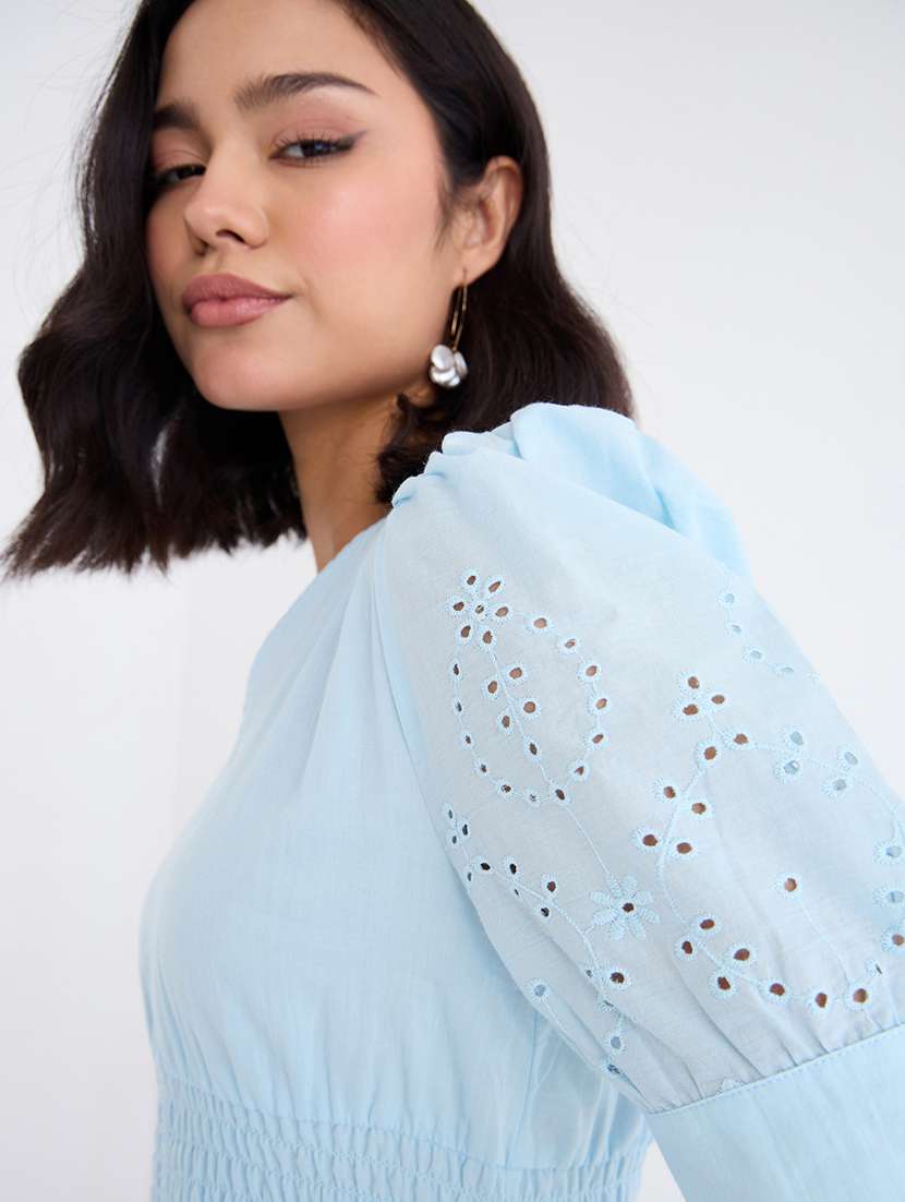 women solid puff sleeve schiffli a-line dress - 22220025 -  Standard Image - 4