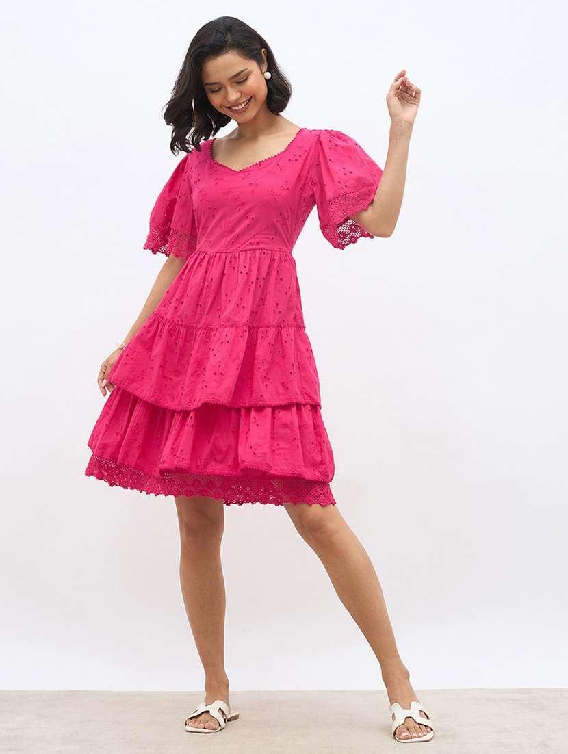 Women Solid Puff Sleeve Schiffli Tiered Dress - 22220027 -  Standard Image - 1