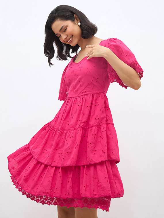 Women Solid Puff Sleeve Schiffli Tiered Dress - 22220027 -  Standard Image - 4