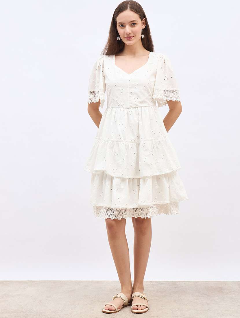 women solid puff sleeve schiffli tiered dress - 22220028 -  Standard Image - 1