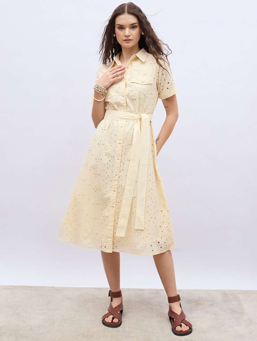 women solid collared short sleeve schiffli shirt dress - 22220029 -  Standard Image - 1