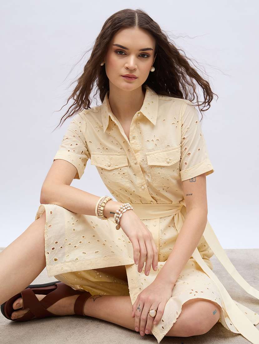 women solid collared short sleeve schiffli shirt dress - 22220029 -  Standard Image - 4