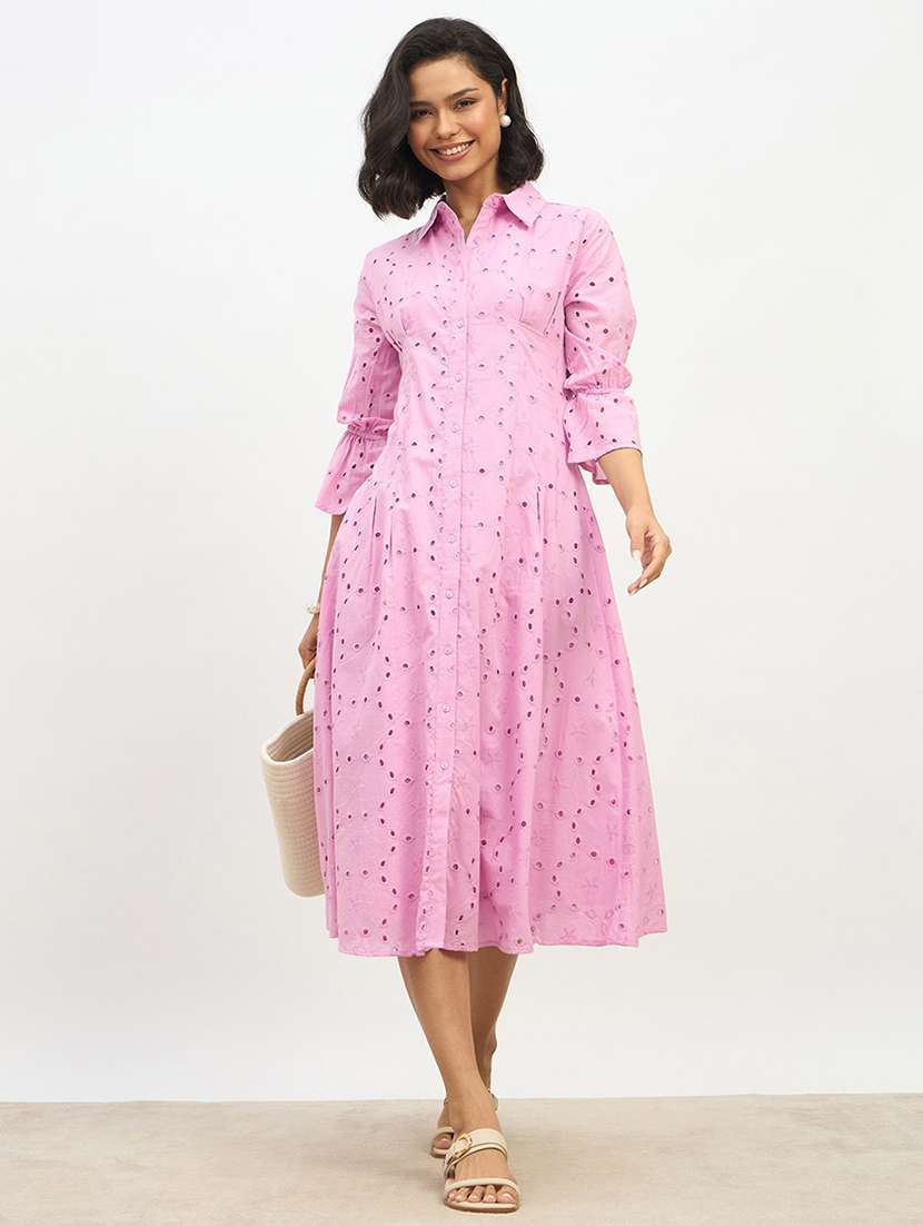 women solid collared schiffli shirt dress