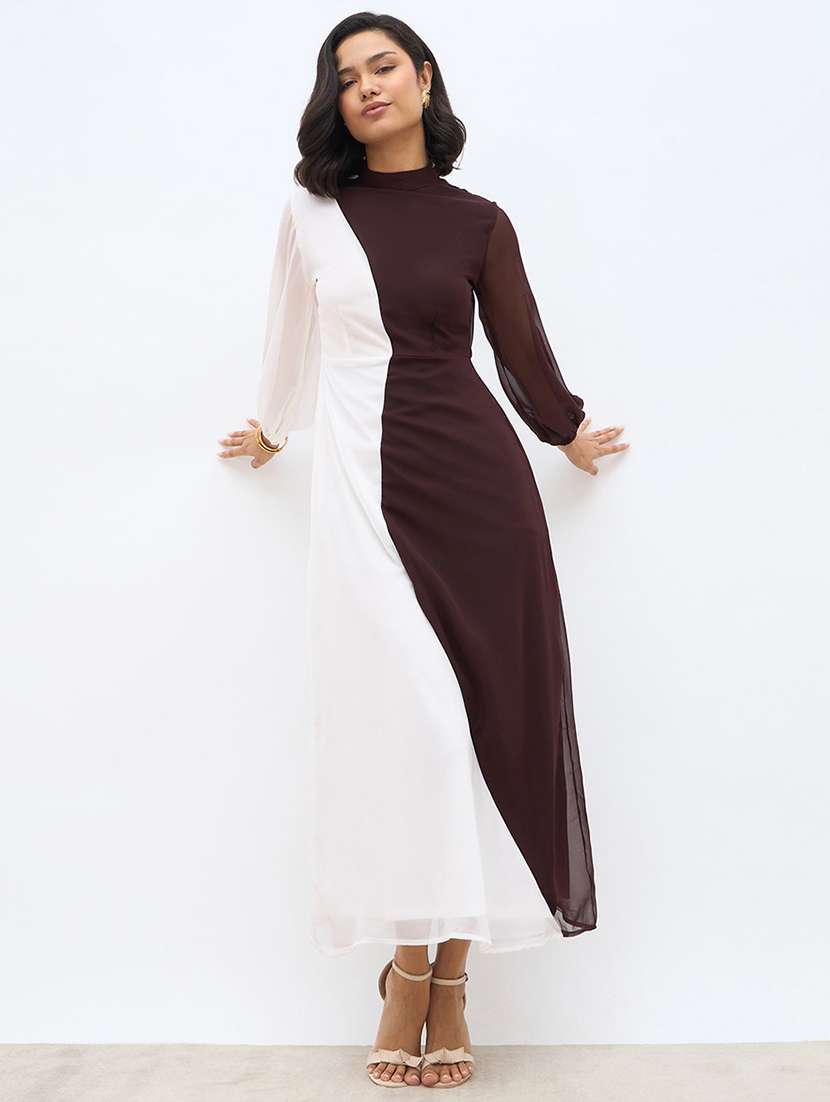 women color blocked puff sleeve  a-line dress - 22220034 -  Standard Image - 1
