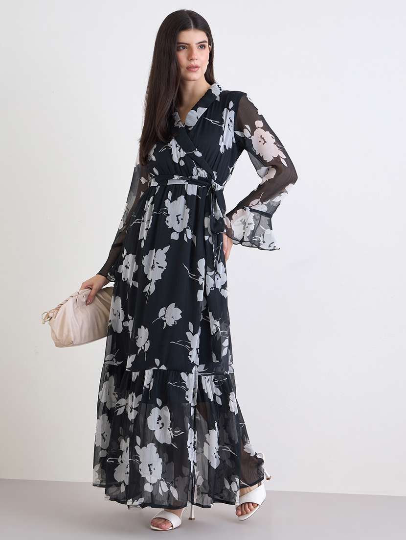 women floral print bell sleeve wrap dress