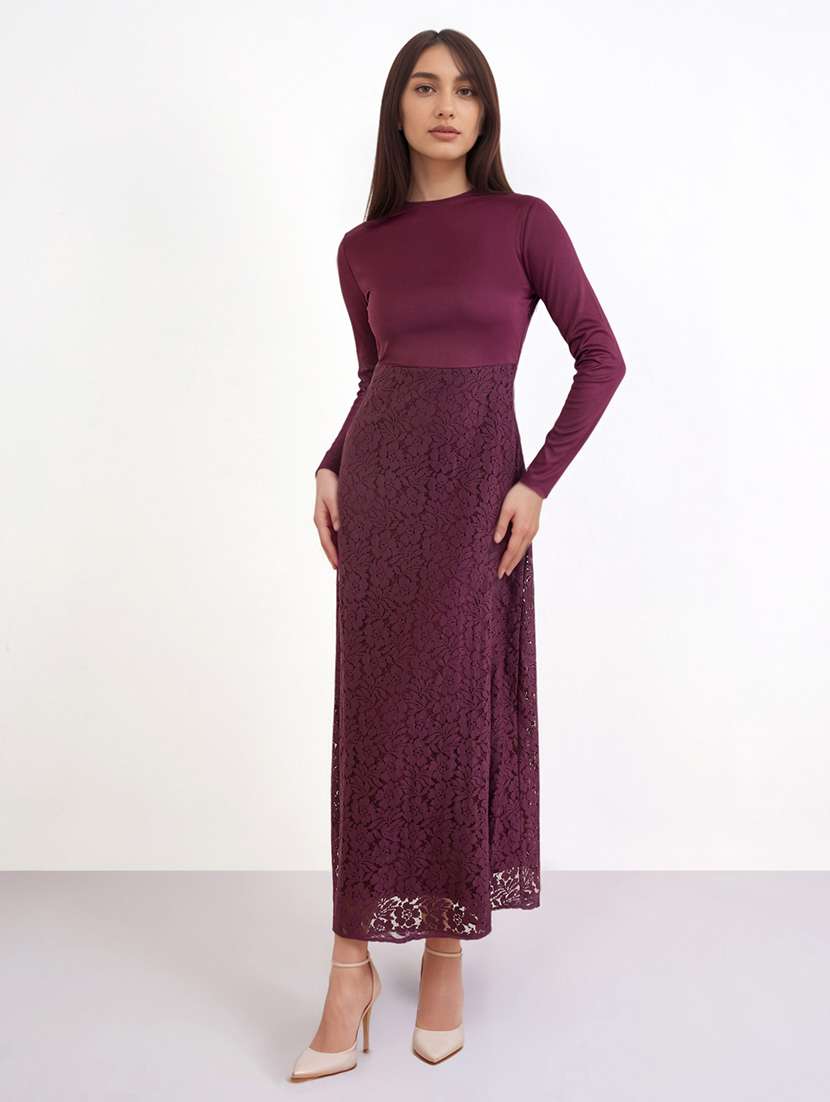 women solid long sleeve lace a-line dress - 22220037 -  Standard Image - 1