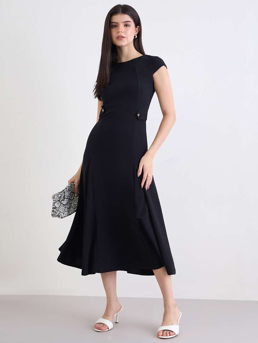 women black solid cap sleeve fit and flare dress