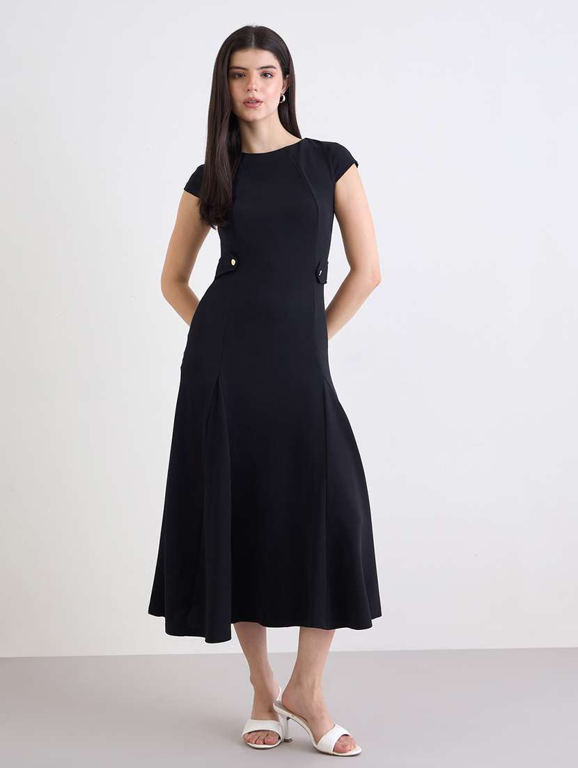 women black solid cap sleeve fit and flare dress - 22220039 -  Standard Image - 1