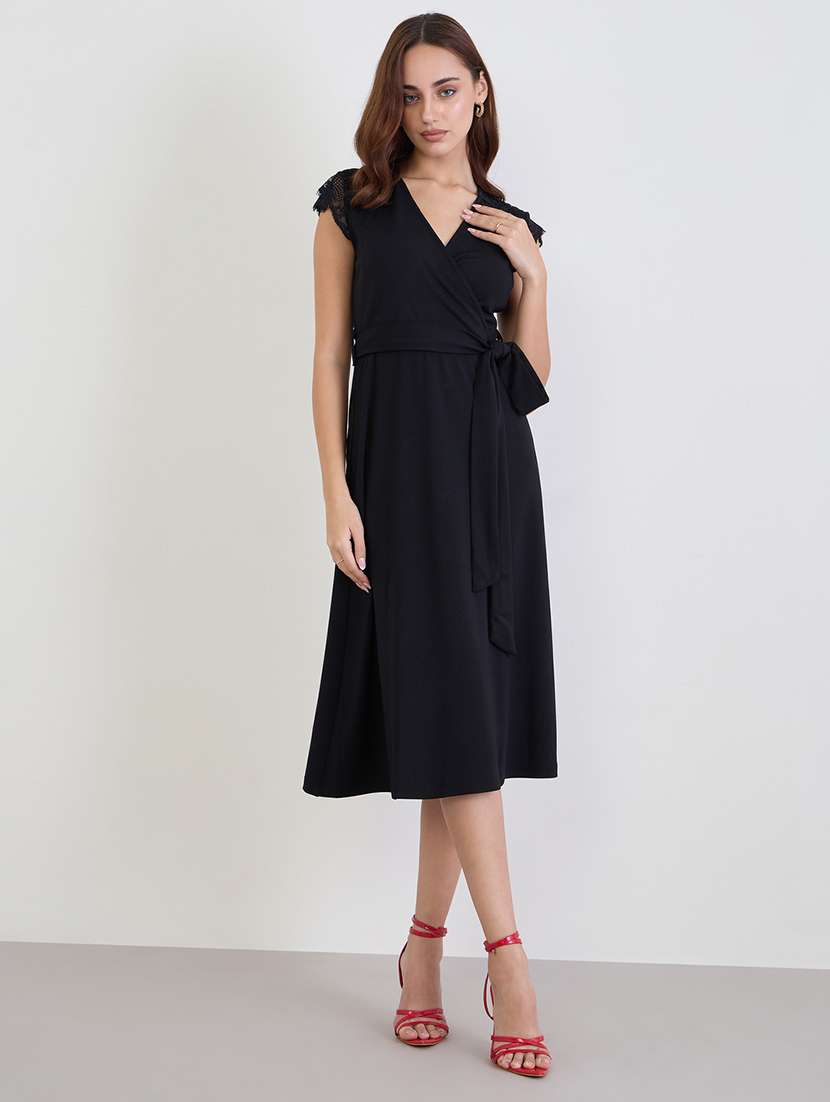 women black solid cap sleeve wrap dress - 22220045 -  Standard Image - 1