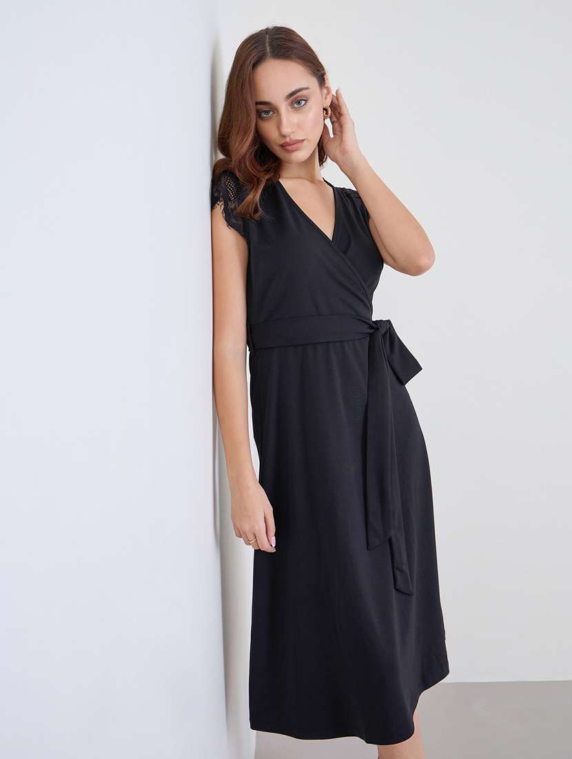 women black solid cap sleeve wrap dress - 22220045 -  Standard Image - 4