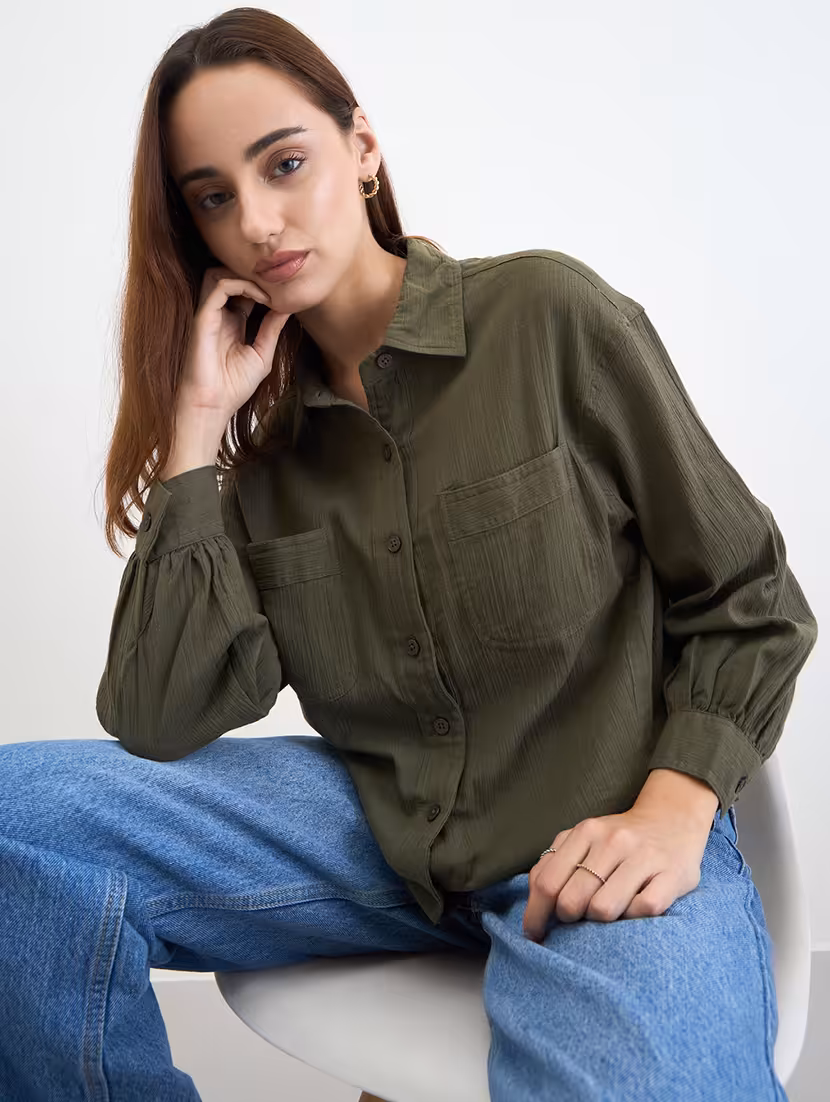 women solid collared long sleeve oversized shirt
