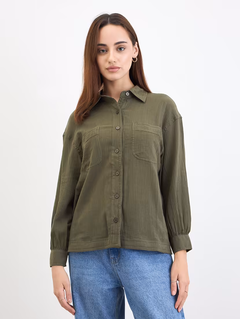 women solid collared long sleeve oversized shirt - 22220048 -  Standard Image - 1