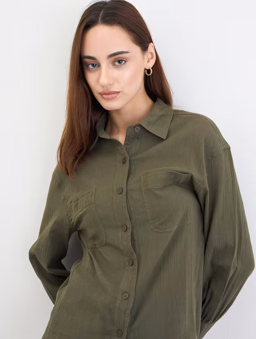women solid collared long sleeve oversized shirt - 22220048 -  Standard Image - 4