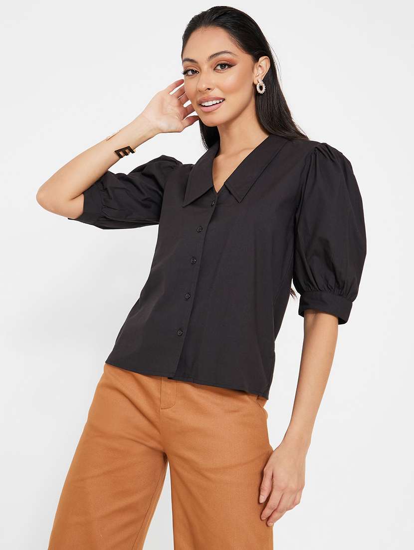 women black solid puff sleeve shirt - 22220049 -  Standard Image - 1