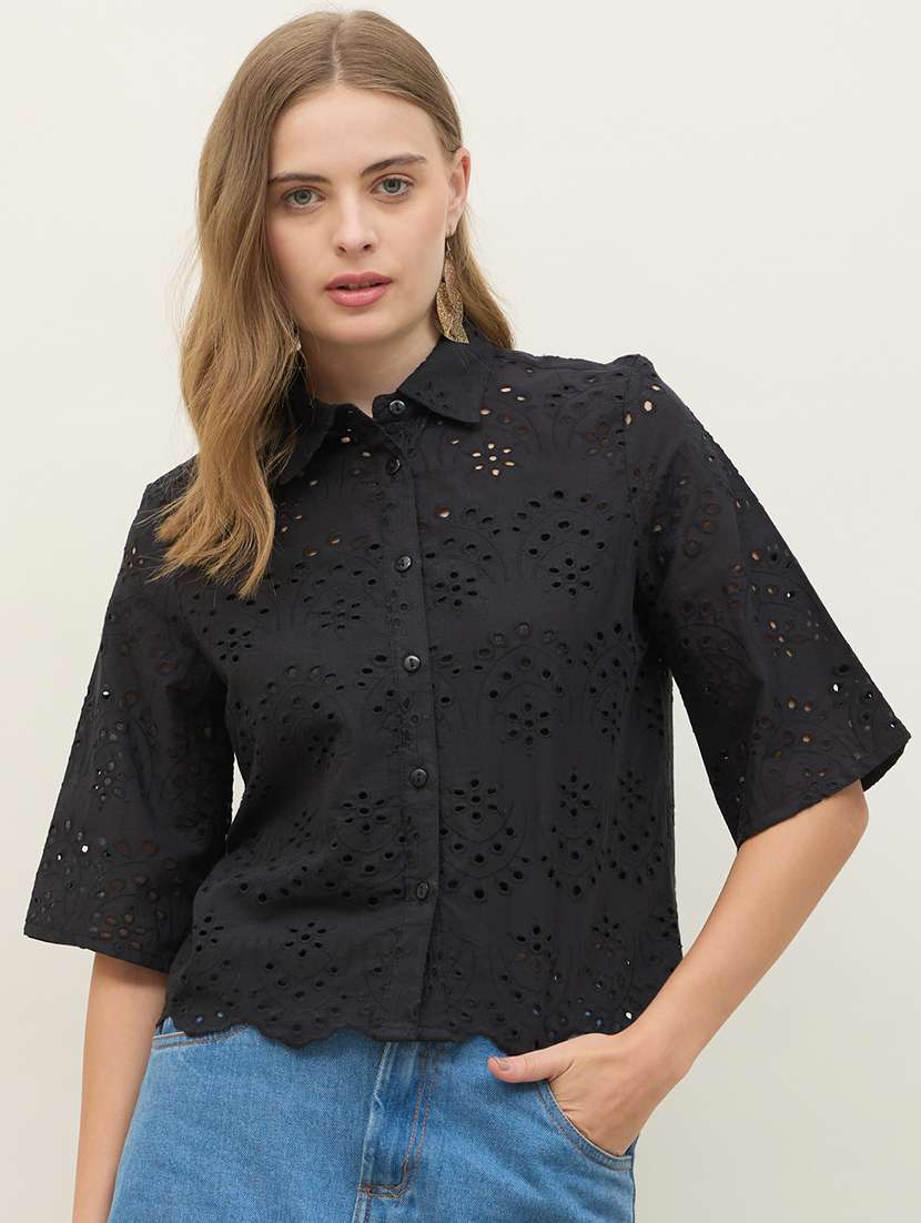 women self designed collared crop schiffli shirt