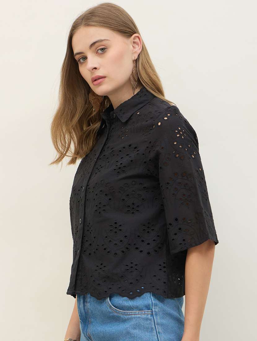 women self designed collared crop schiffli shirt - 22220050 -  Standard Image - 1