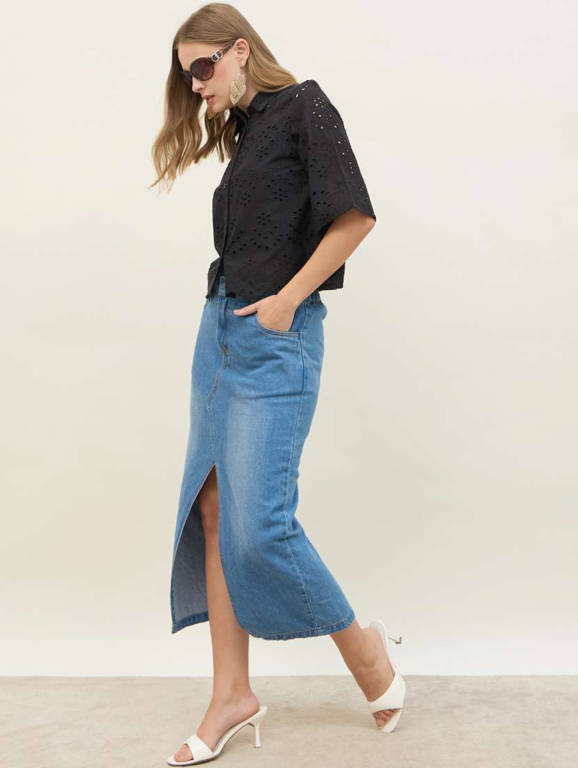 women self designed collared crop schiffli shirt - 22220050 -  Standard Image - 4