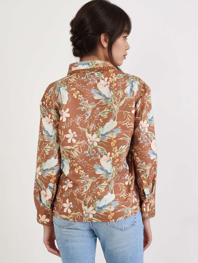 women floral print collared long sleeve shirt - 22220051 -  Standard Image - 1