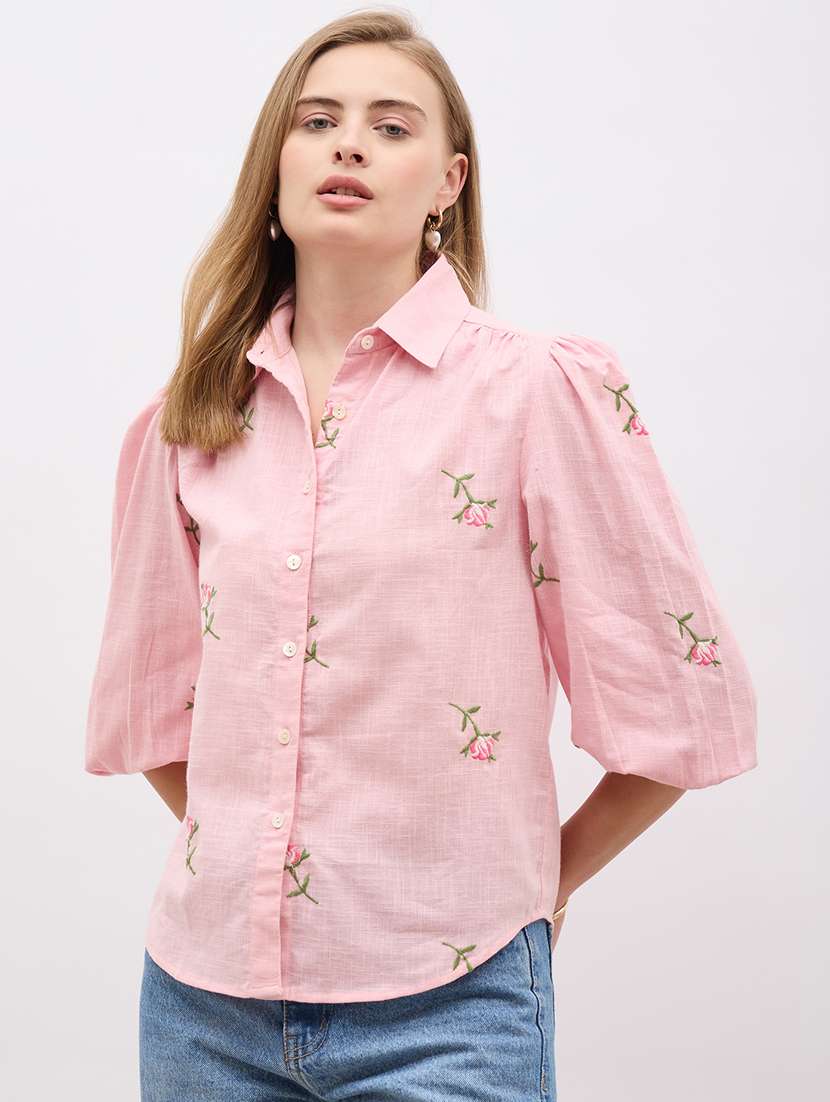 women embroidered collared puff sleeve shirt
