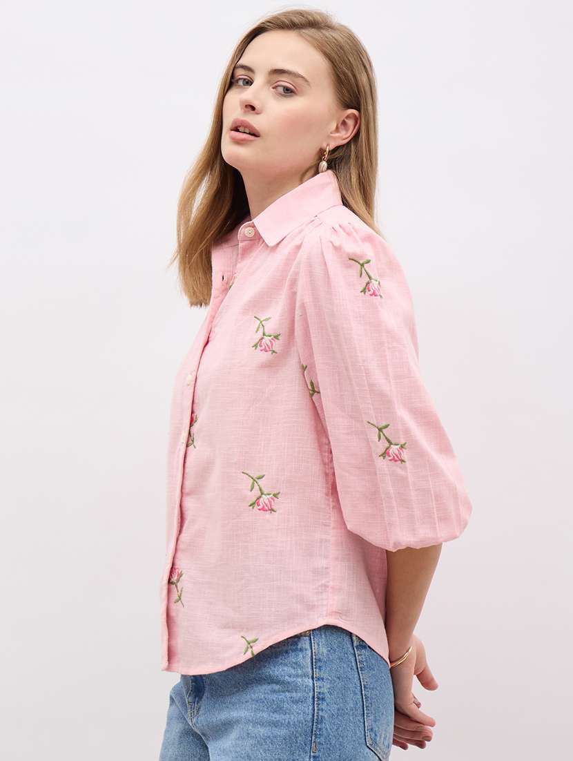 women embroidered collared puff sleeve shirt - 22220053 -  Standard Image - 1