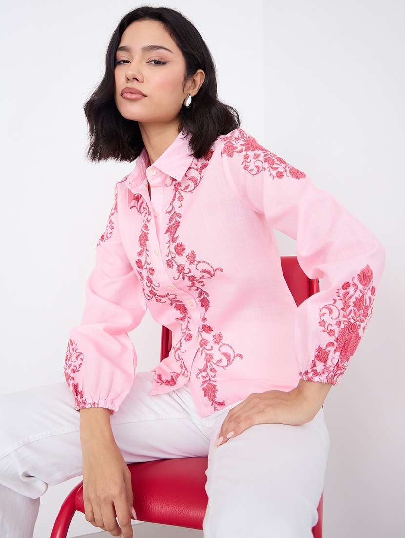 women pink printed collared long sleeve shirt - 22220054 -  Standard Image - 1