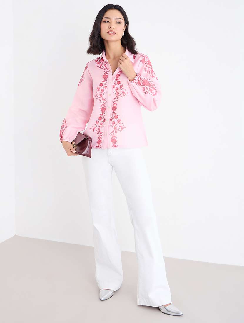 women pink printed collared long sleeve shirt - 22220054 -  Standard Image - 4
