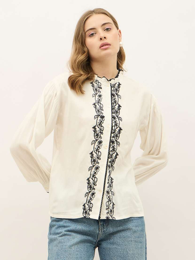 women embroidered mandarin neck puff sleeve shirt - 22220055 -  Standard Image - 1