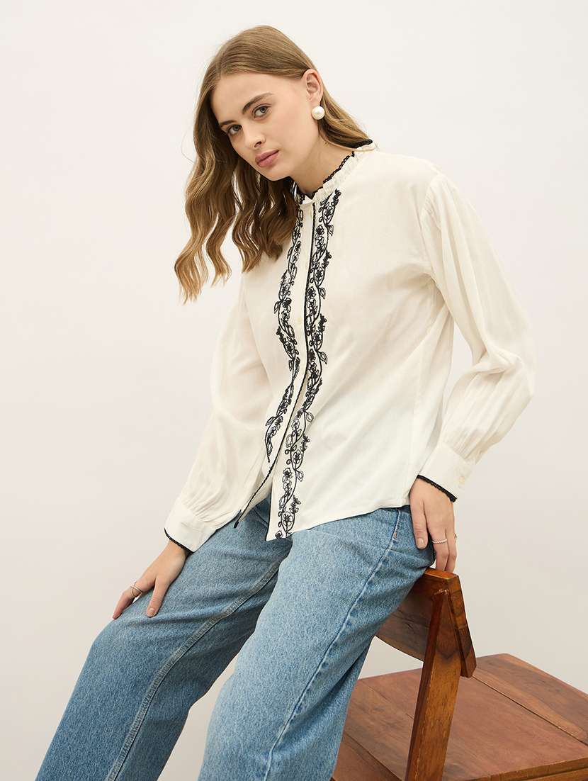 women embroidered mandarin neck puff sleeve shirt - 22220055 -  Standard Image - 4
