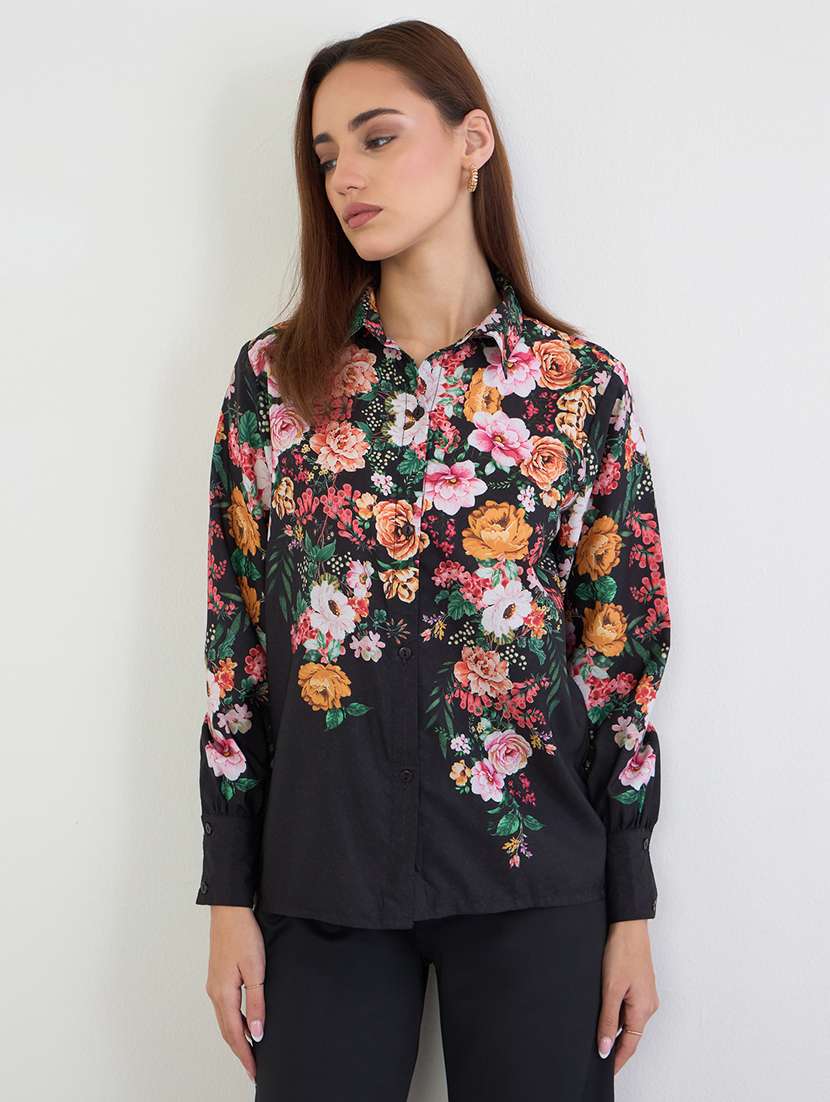 women floral print collared long sleeve shirt - 22220059 -  Standard Image - 1