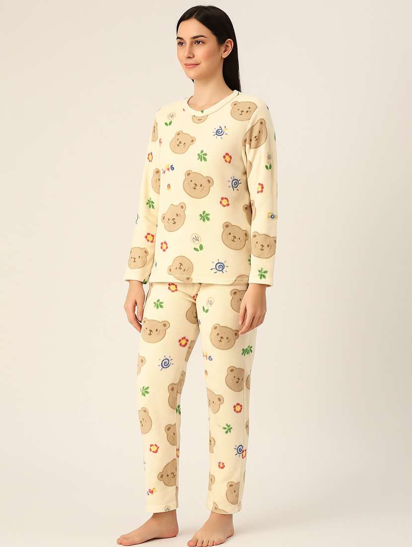printed fleece round neck pyjama set beige - 22220078 -  Standard Image - 1