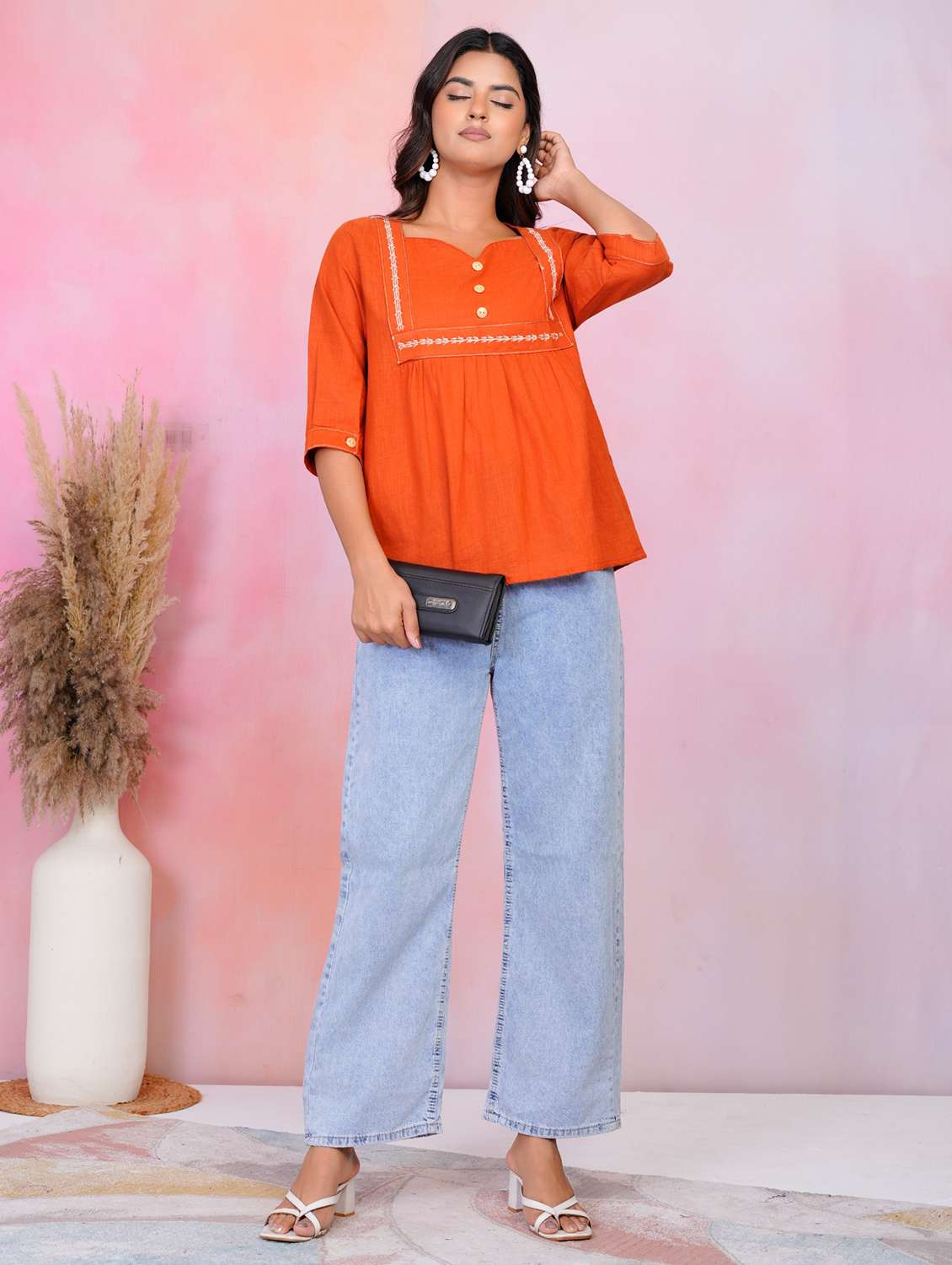 women solid three quarter sleeve a-line tunic