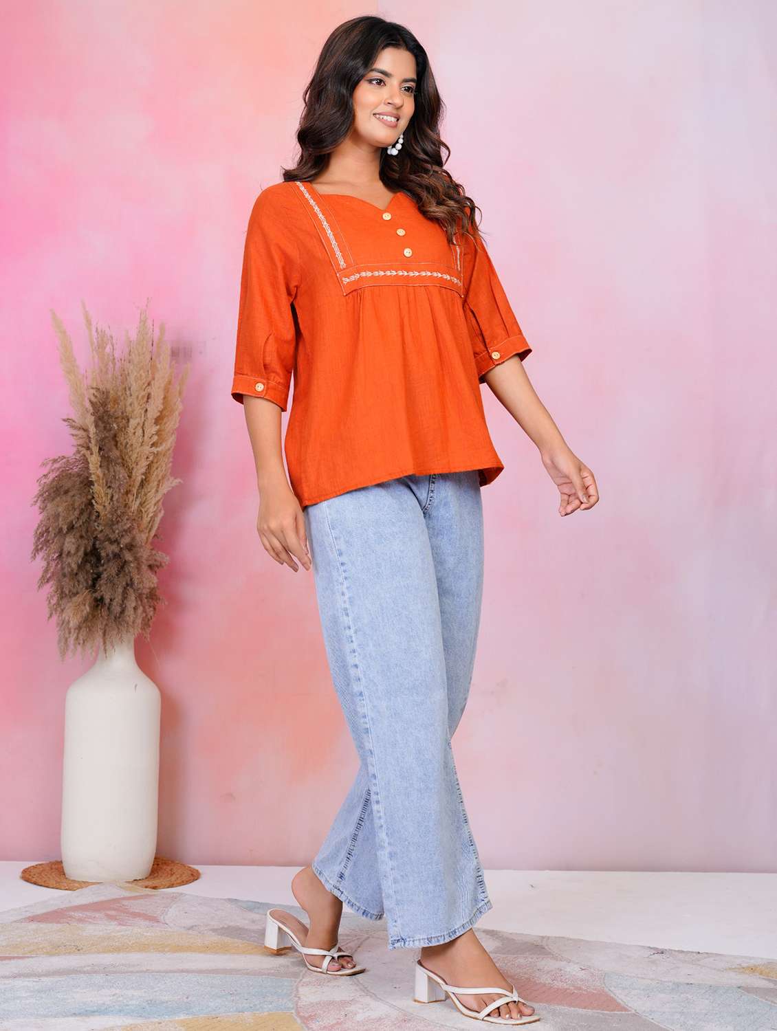 women solid three quarter sleeve a-line tunic - 22220082 -  Standard Image - 1