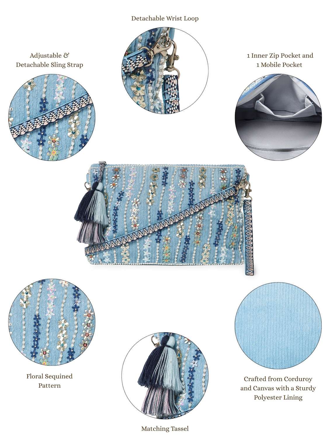 embroidered blue embellished clutch with tassels - 22220089 -  Standard Image - 4