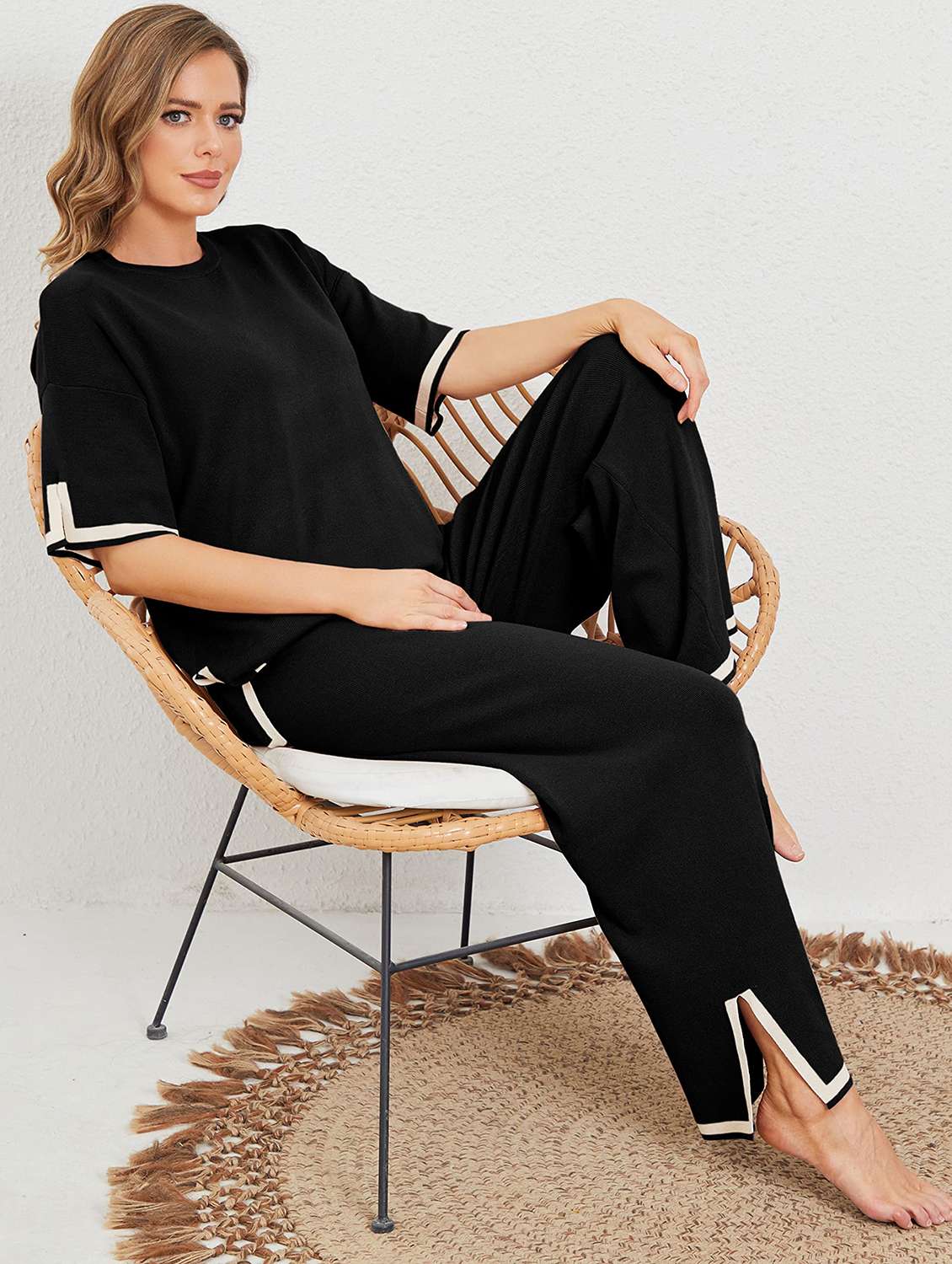 women solid top and trouser co-ord set - 22220114 -  Standard Image - 4