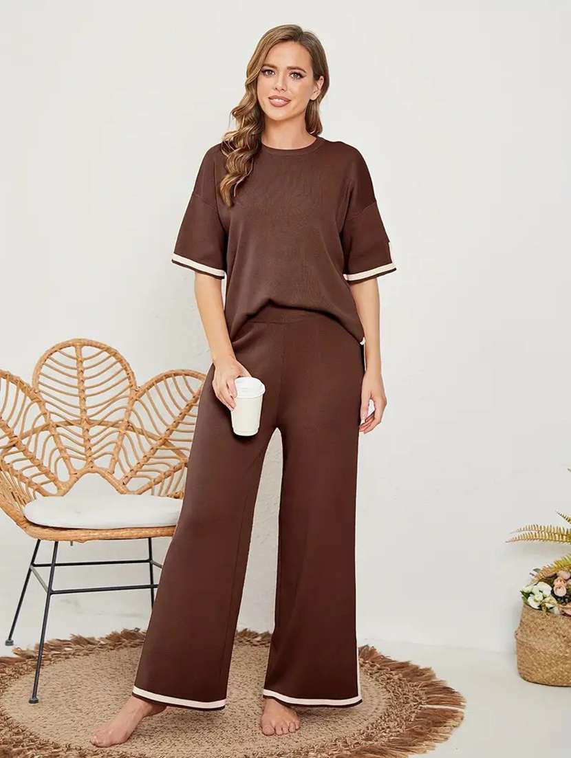women solid top and trouser co-ord set - 22220115 -  Standard Image - 1