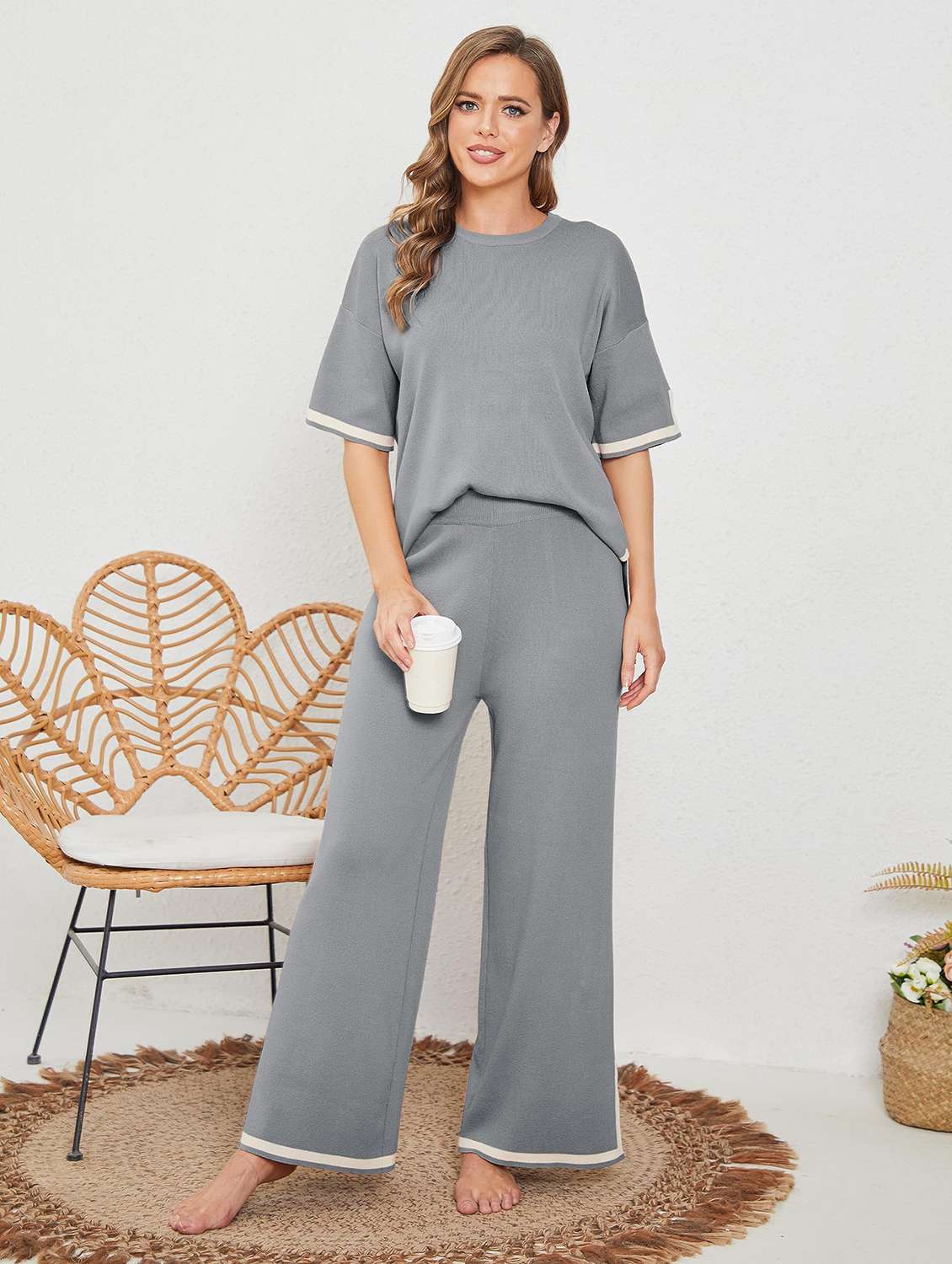 women solid top and trouser co-ord set - 22220116 -  Standard Image - 1