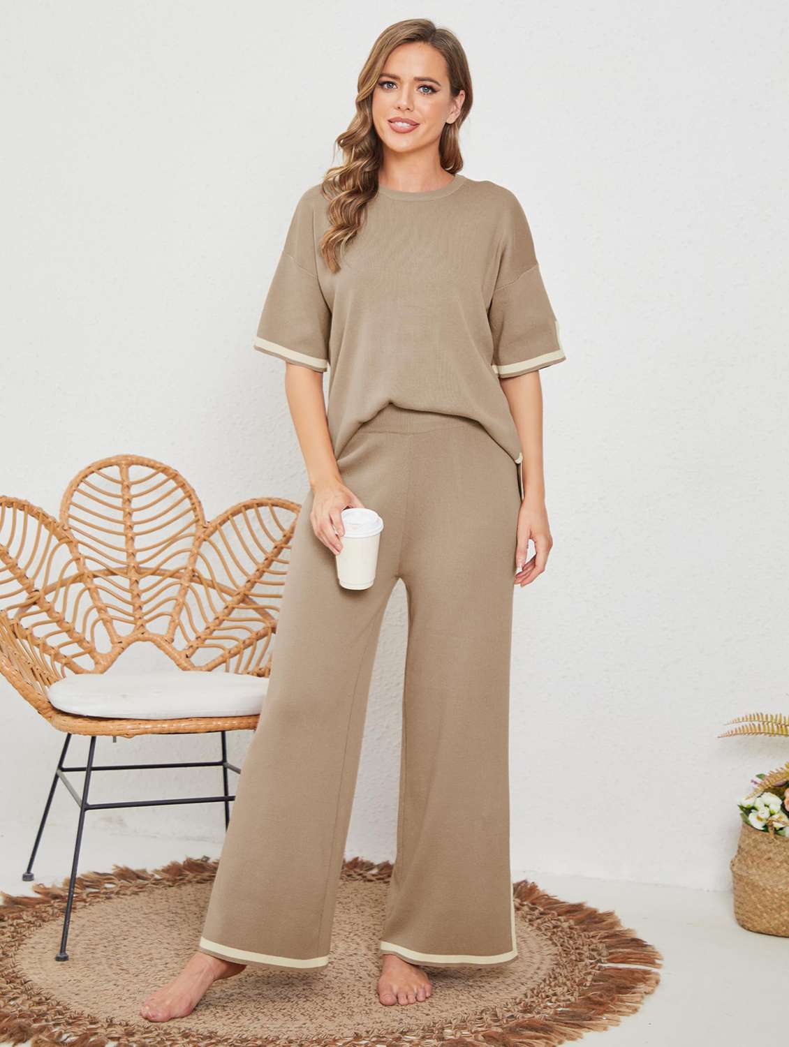 women solid top and trouser co-ord set - 22220117 -  Standard Image - 1