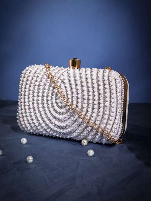 women embellished white clutch with detachable strap - 22220127 -  Standard Image - 0