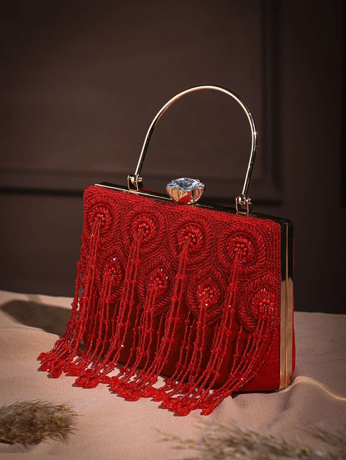 red embellished velvet box clutch with handle