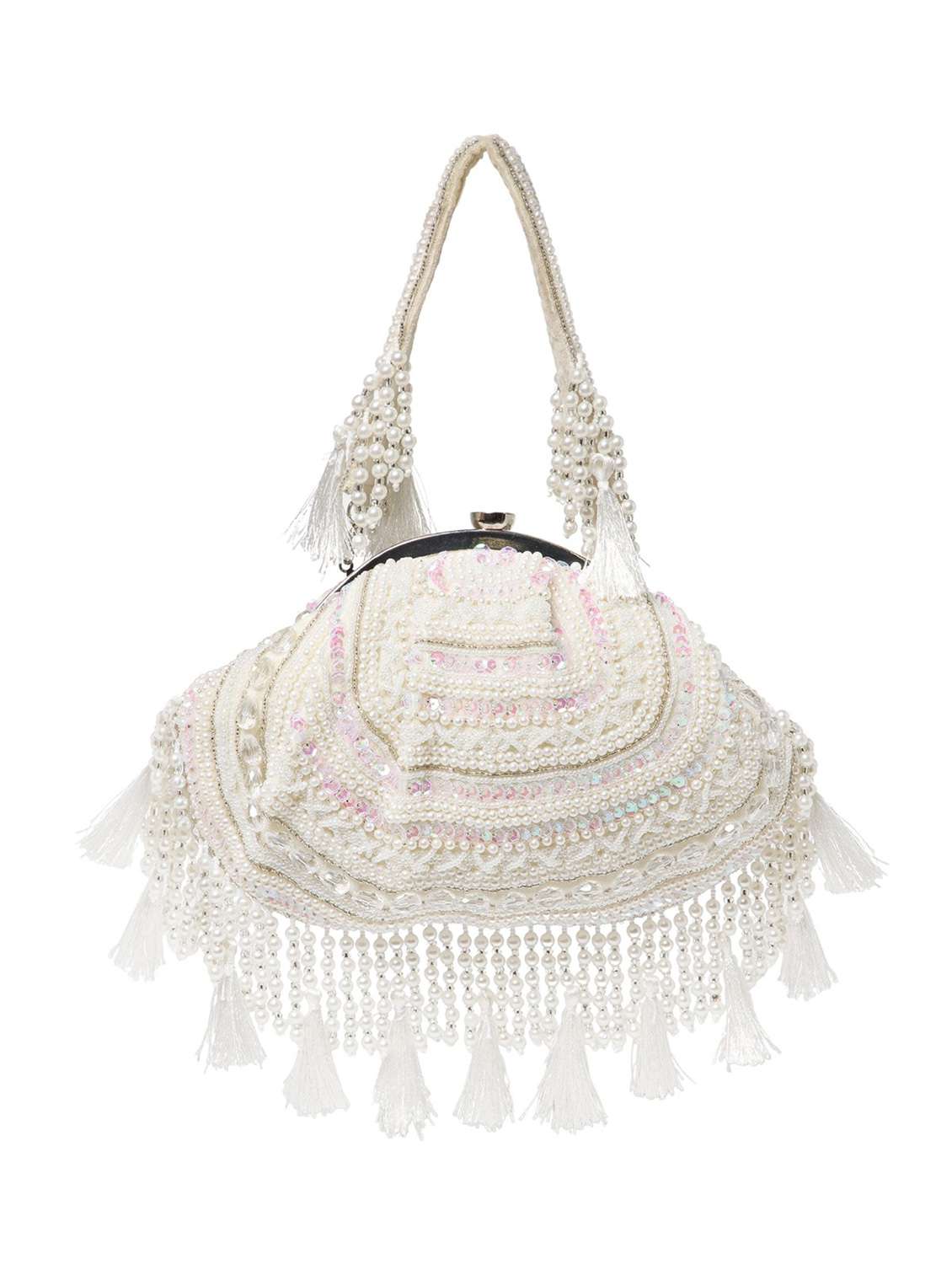 women embellished cream velvet clutch with tassels - 22220135 -  Standard Image - 1