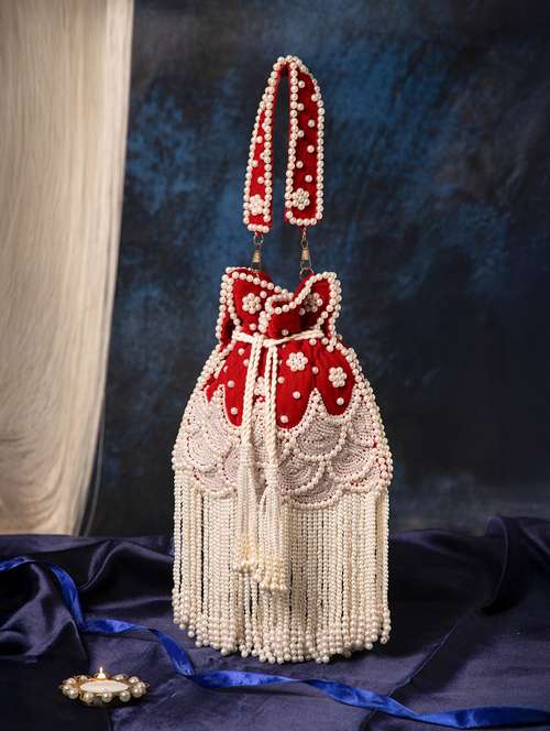 red velvet embroidery floral potli bag - 22220143 -  Standard Image - 0