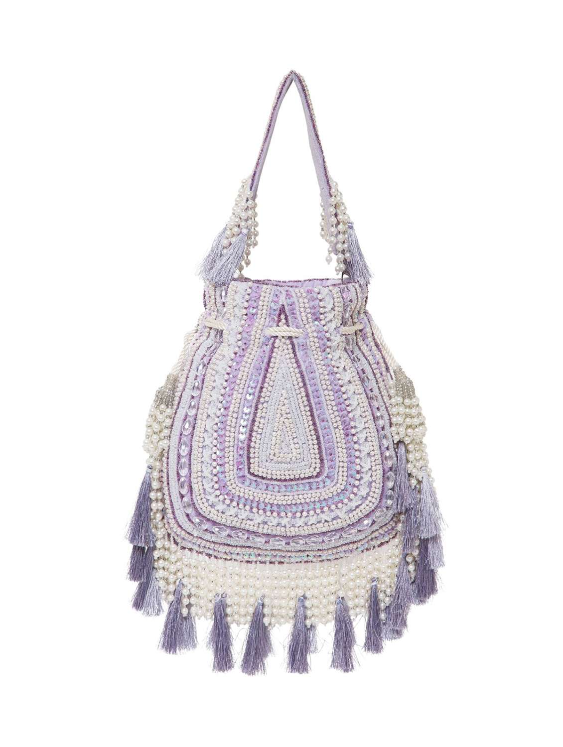 lavender velvet embroidered potli with tassels - 22220148 -  Standard Image - 1
