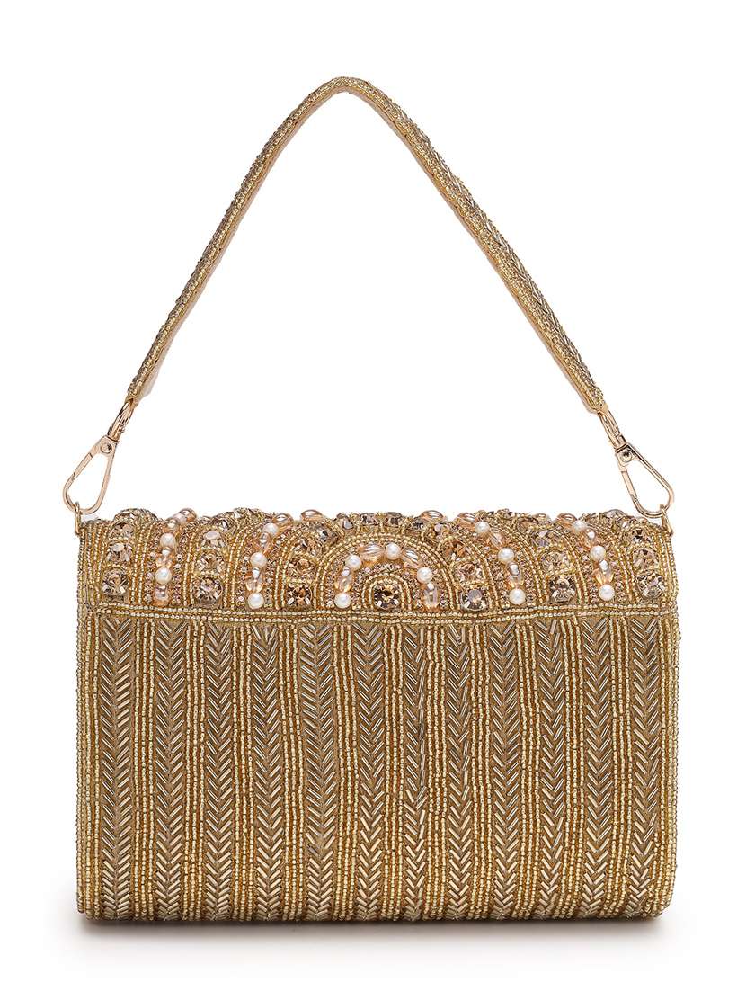 gold faux silk embroidered fold over clutch - 22220159 -  Standard Image - 1