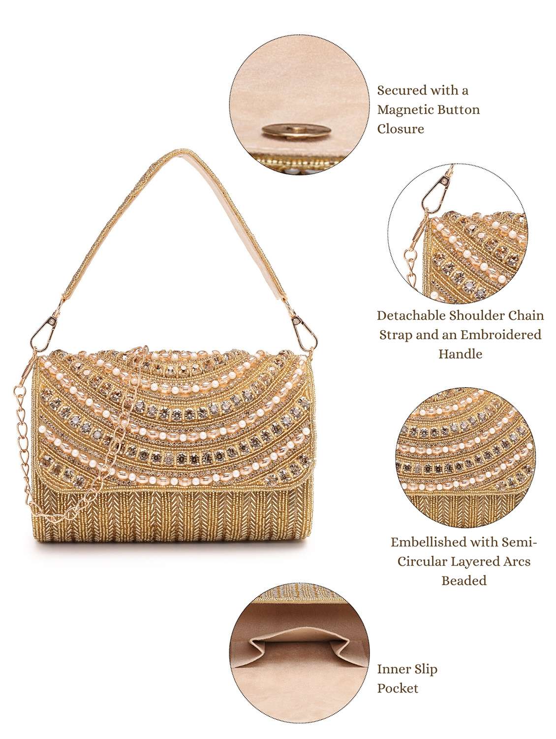 gold faux silk embroidered fold over clutch - 22220159 -  Standard Image - 4