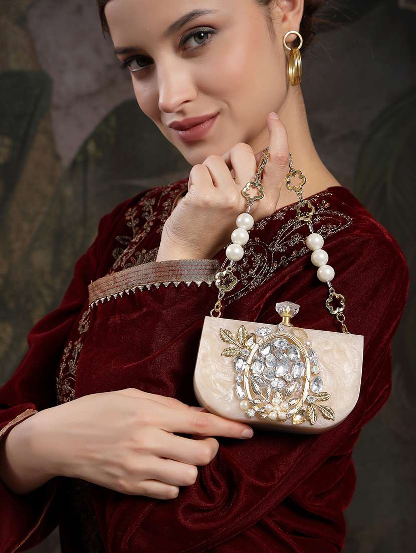 embellished beige synthetic clutch with strap - 22220165 -  Standard Image - 6