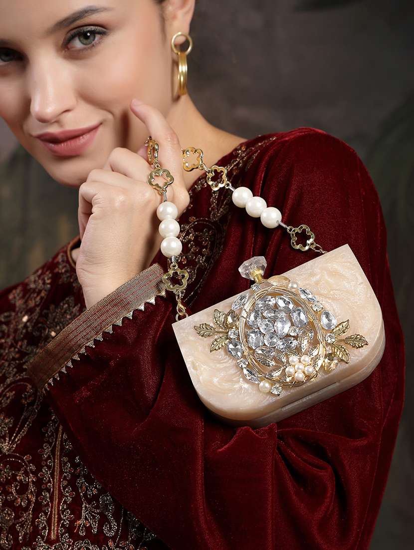 embellished beige synthetic clutch with strap - 22220165 -  Standard Image - 9