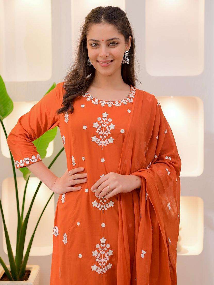 women solid with work three quarter sleeve kurta pant with dupatta set - 22220186 -  Standard Image - 1